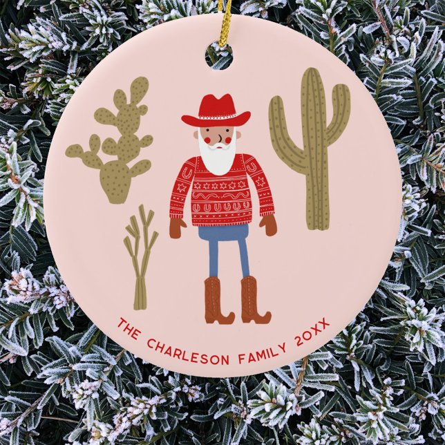 Cowboy Santa Claus Christmas Custom Text Ceramic Tree Decoration (Fun Cowboy Santa Claus Western Christmas Holidays personalized name date ceramic ornament)