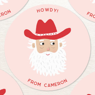 Cowboy Santa Claus Christmas Custom Text Pink Classic Round Sticker