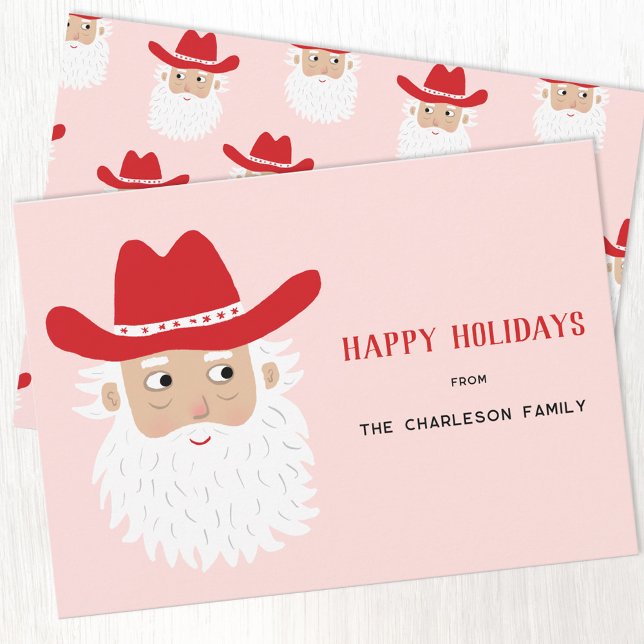 Cowboy Santa Claus Christmas Pink Holiday Card (Fun Cowboy Santa Claus Western Christmas custom text personalized Holiday card)