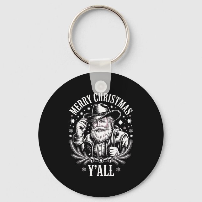 Cowboy Santa Claus Merry Christmas Y'all Western C Key Ring (Front)