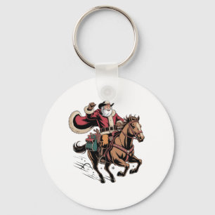 Cowboy Santa Claus Riding A Horse Christmas Key Ring