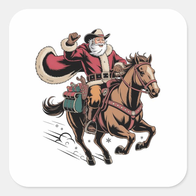 Cowboy Santa Claus Riding A Horse Christmas  Square Sticker (Front)