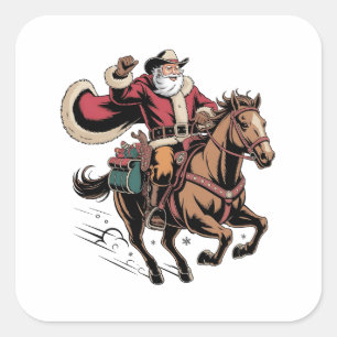 Cowboy Santa Claus Riding A Horse Christmas Square Sticker