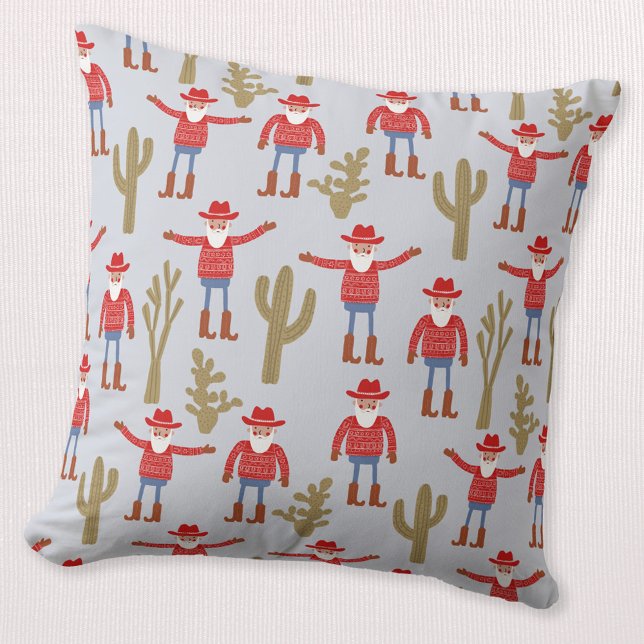 Cowboy Santa Claus Western Christmas Blue Cushion (Fun Cowboy Santa Claus pattern Western Christmas Holiday throw pillow)