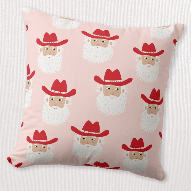 Cowboy Santa Claus Western Christmas Pink Cushion (Fun Cowboy Santa Claus Western Holidays Christmas throw pillow)