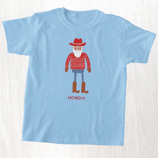Cowboy Santa Custom Text Christmas T-Shirt (Fun Cowboy Santa Claus custom text Christmas kids t-shirt)