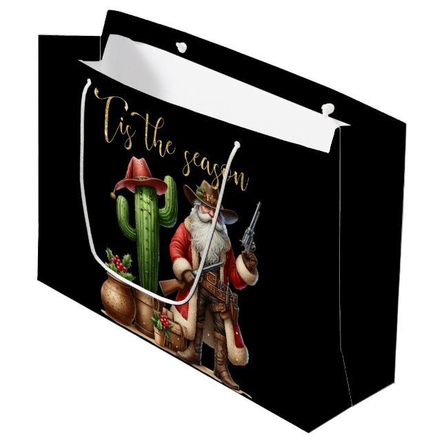 Cowboy Santa 'Tis the Season Desert Cactus Pistol Large Gift Bag (Front Angled)