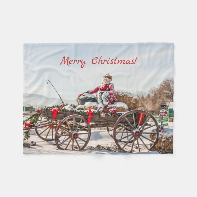 Cowboy Santa - Wagon with Hay Bales Fleece Blanket (Front (Horizontal))