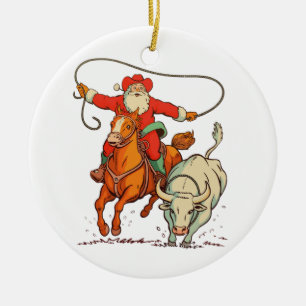Cowboy Santa Western Roping Christmas Vintage Xmas Ceramic Tree Decoration