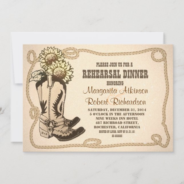 cowboy shoes rustic rehearsal dinner invitations (Front)