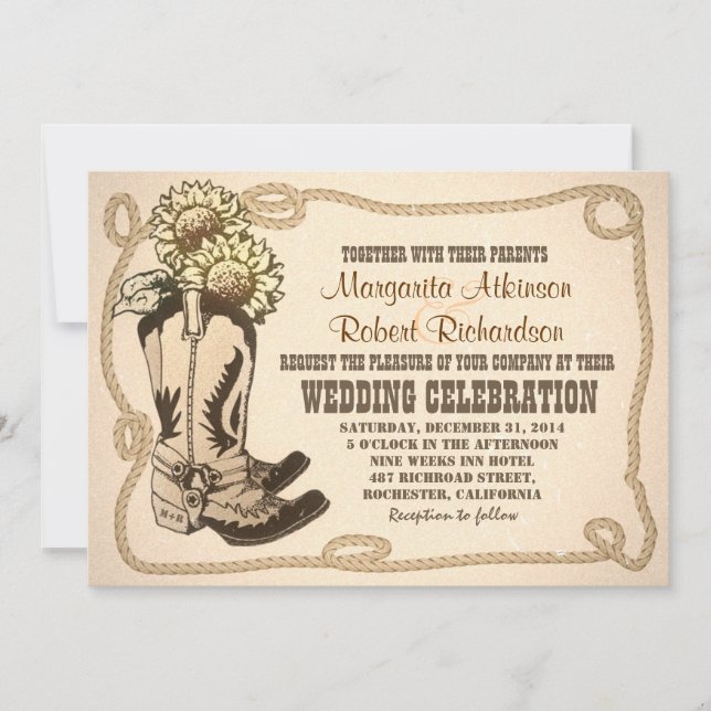 cowboy shoes rustic wedding invitations (Front)