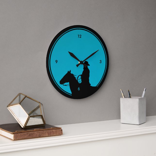 Cowboy Silhouette on Turquoise Large Clock (Office)