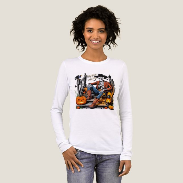 Cowboy Skeleton Halloween Long Sleeve Tri-Blend Shirt (Front Full)