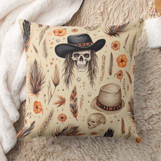 Cowboy Skull & Pumpkin Boho Seamless Pattern Cushion (Blanket)