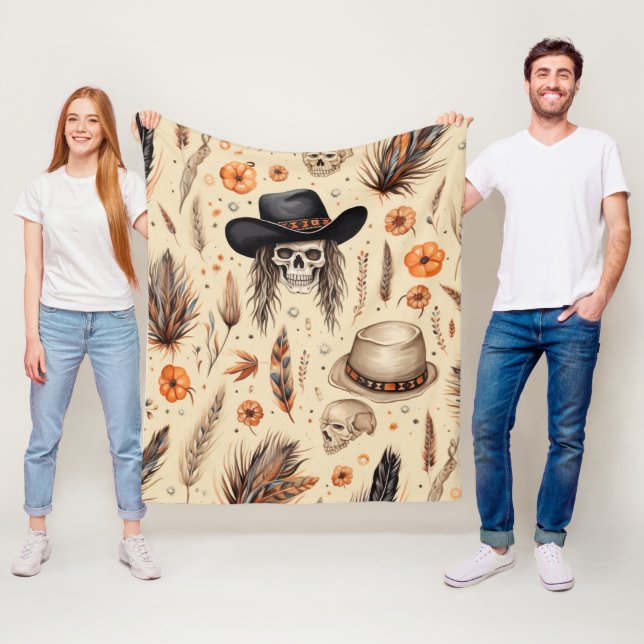Cowboy Skull & Pumpkin Boho Seamless Pattern Fleece Blanket (In Situ)