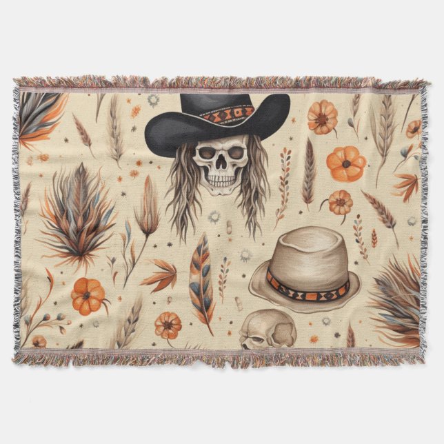 Cowboy Skull & Pumpkin Boho Seamless Pattern Throw Blanket (Front)