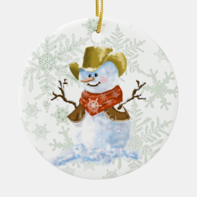 Cowboy Snowman Ceramic Tree Decoration (Front)