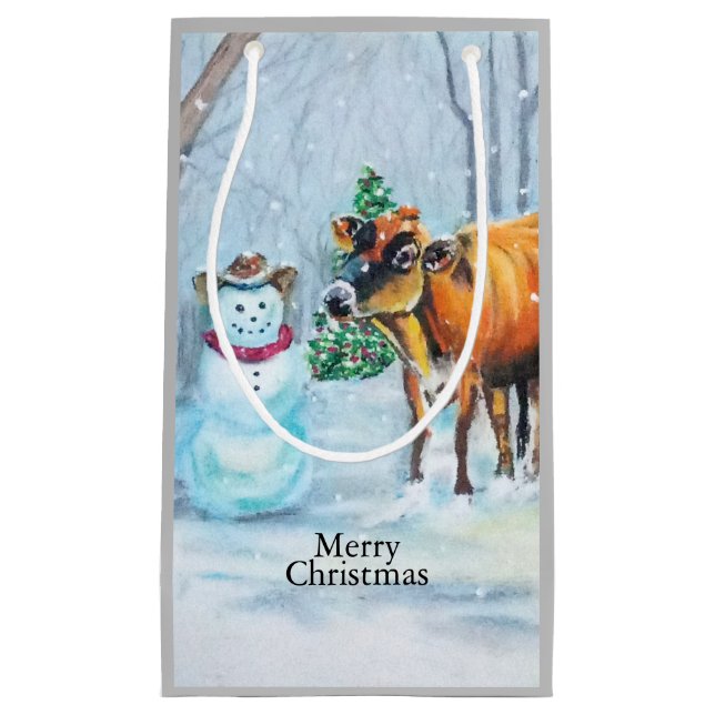 Cowboy Snowman & Cow Christmas Small Gift Bag (Front)