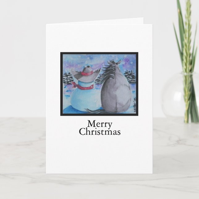 Cowboy Snowman & Horse Christmas Winter Scene Holiday Card (Front)