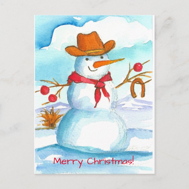 Cowboy Snowman Horse Shoe Merry Christmas Holiday Postcard (Front)