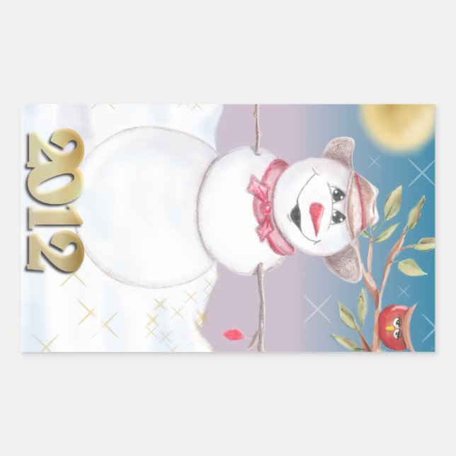 Cowboy Snowman & Owl Winter Scene Rectangular Sticker (Front)