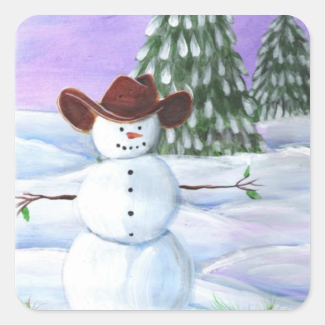 Cowboy Snowman Square Sticker (Front)