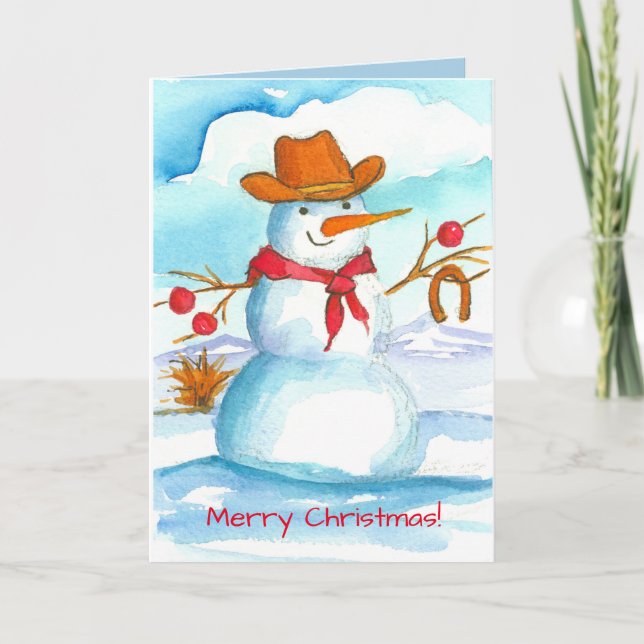 Cowboy Snowman Watercolor Merry Christmas Holiday Card (Front)