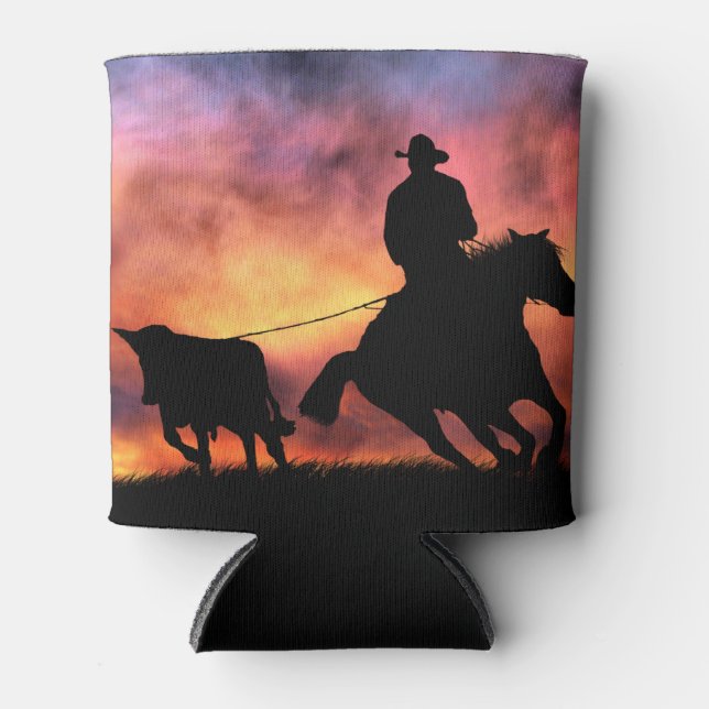 Cowboy Steer Roping off of Horse Can Cooler (Front)