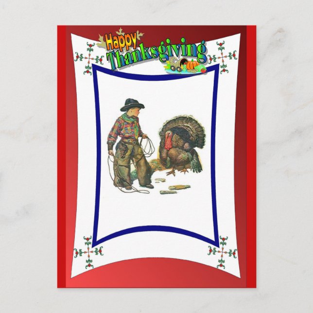 Cowboy style turkey catching holiday postcard (Front)