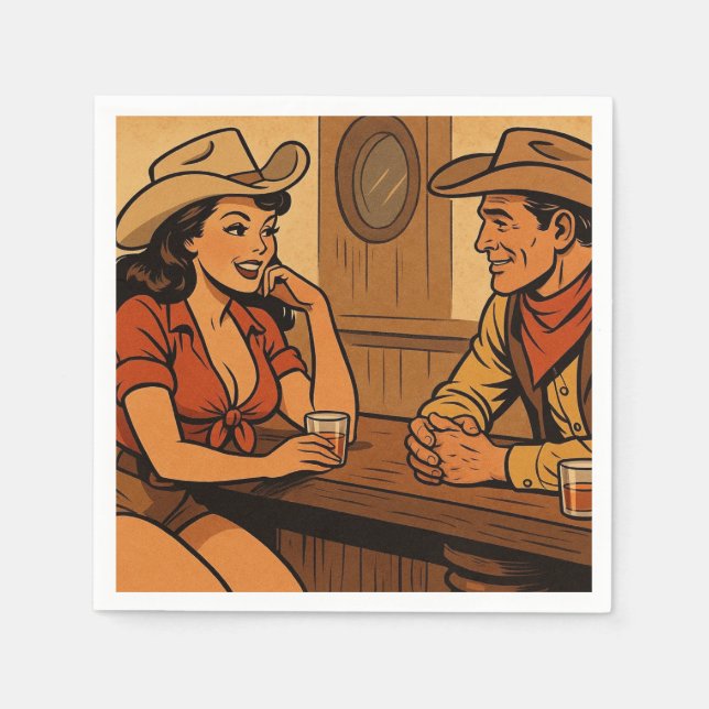 cowboy talking to cowgirl at the saloon bar napkin (Front)