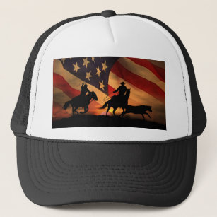 Cowboy Team Roping Rodeo Patriotic Country Rusitc Trucker Hat