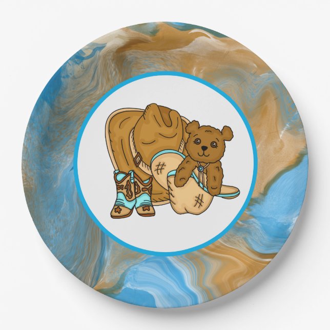 Cowboy Teddy Bear Boy’s Baby Shower Paper Plate (Front)