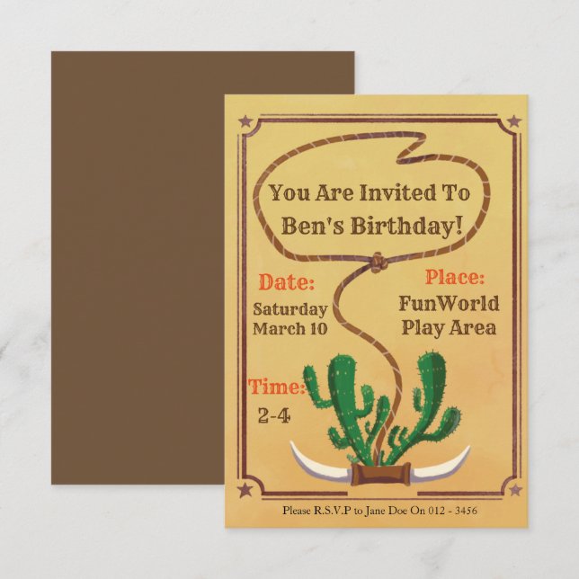 Cowboy Themed Birthday Invitations (Front/Back)