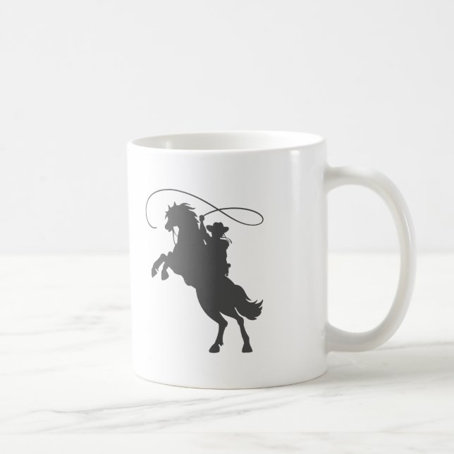 cowboy throwing lasso riding rearing up horse coffee mug (Right)