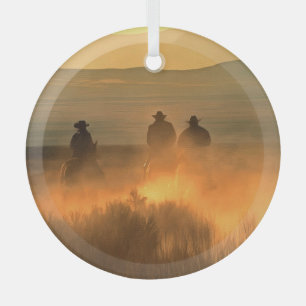 Cowboy Trio: Mountainous Background Gallop. Glass Tree Decoration