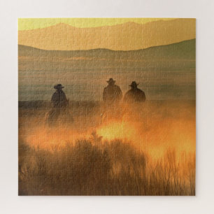 Cowboy Trio: Mountainous Background Gallop. Jigsaw Puzzle