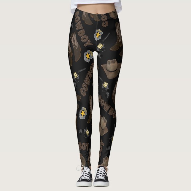 Cowboy Typography Artsy Cool Brown Watercolor Leggings (Front)