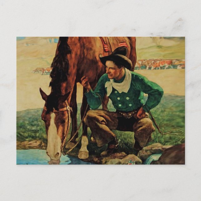 Cowboy Watering His Horse by NC Wyeth Postcard (Front)