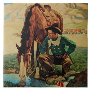 Cowboy Watering His Horse by NC Wyeth Tile