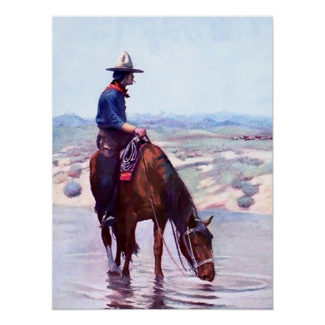 Cowboy Watering Horse by W Herbert Dunton Poster (Front)