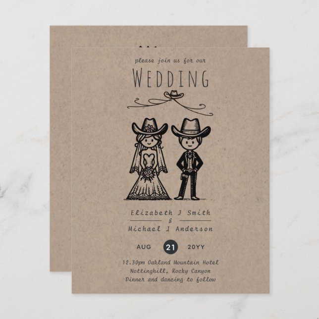 Cowboy Wedding Cartoon Bride Groom Handdrawn (Front/Back)