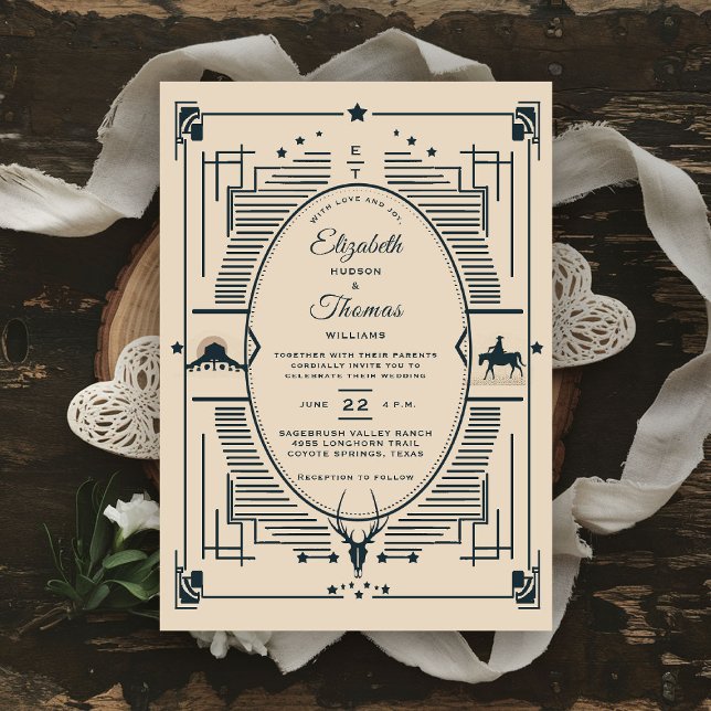 Cowboy Wedding Rustic Vintage Western Elegant Invitation (western wedding invitation cowboy cowgirl country rustic ranch barn outdoor vintage southwest desert)