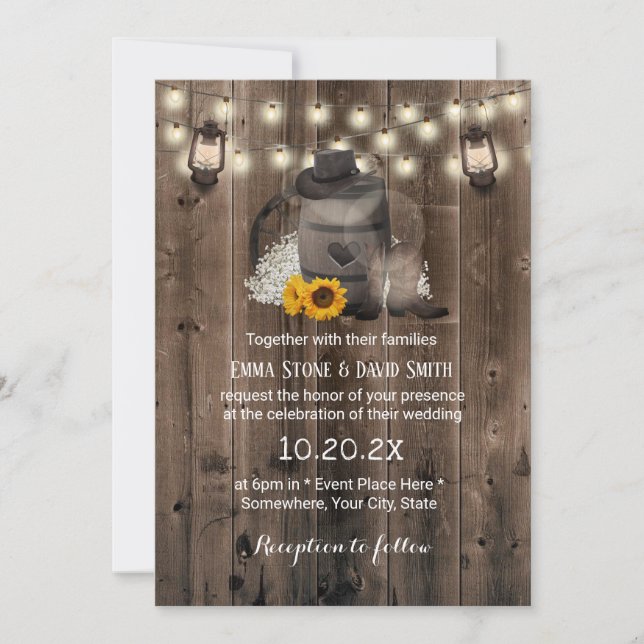 Cowboy Wedding Sunflower Lantern Rustic Barn Wood Invitation (Front)