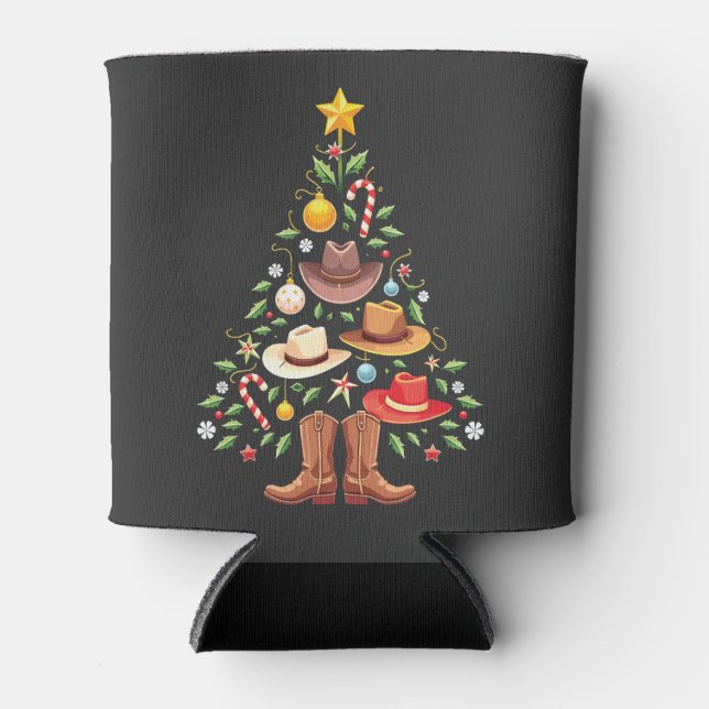Cowboy Western Christmas Tree Santa  Can Cooler (Front)