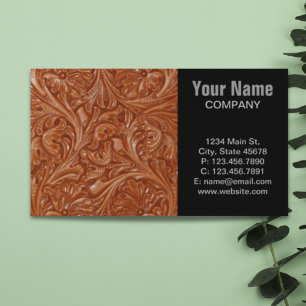 cowboy western country pattern tooled leather business card