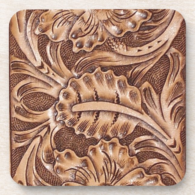 cowboy western country pattern tooled leather coaster (Front)