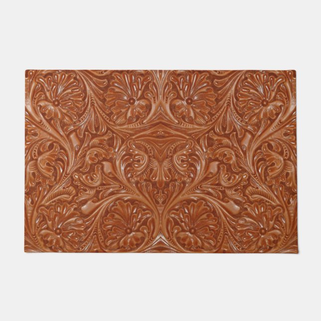 cowboy western country pattern tooled leather doormat (Front)