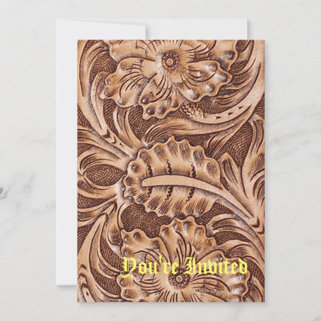 cowboy western country pattern tooled leather invitation (Front)