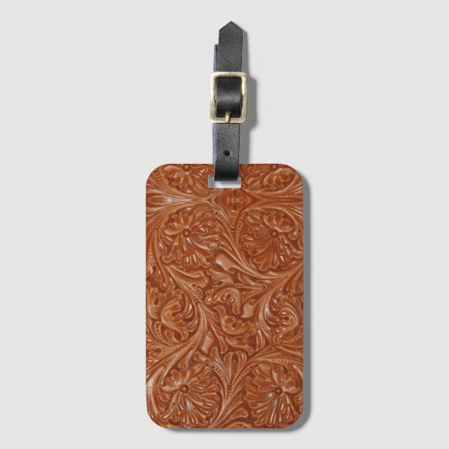 cowboy western country pattern tooled leather luggage tag (Front Vertical)