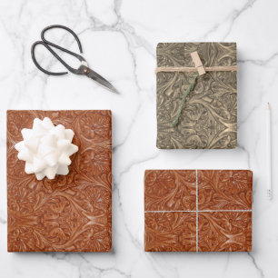 cowboy western country pattern tooled leather wrapping paper sheet